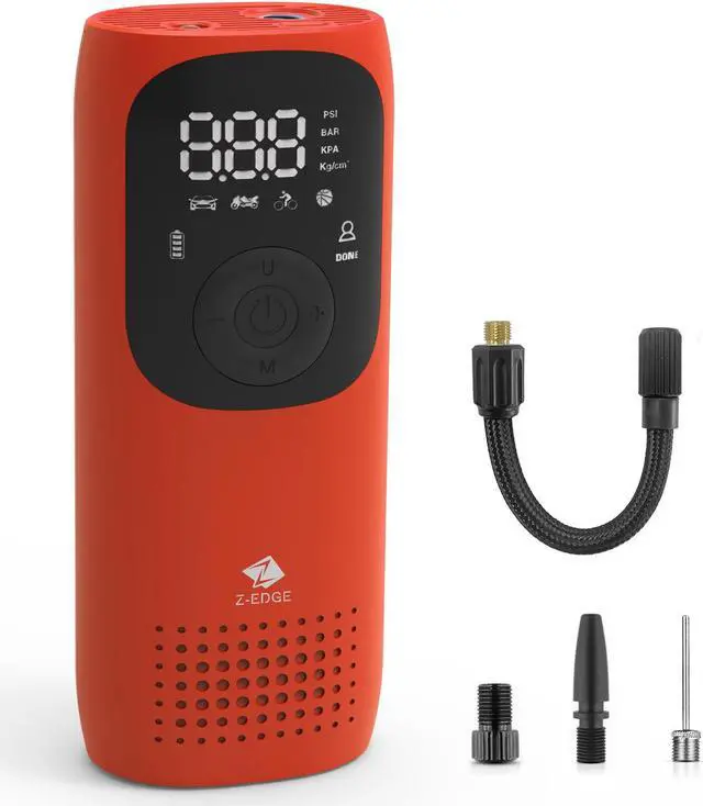 Main image of Z-EDGE ZAI02 Tire Inflator Pump Portable Air Compressor for Car Tires, Rechargeable 2000mAh 150PSI with Pressure Gauge Auto-Off, for Car Bike Motorcycles Balls - Red