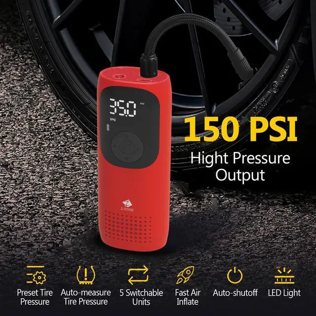 Alt view image 3 of 7 - Z-EDGE ZAI02 Tire Inflator Pump Portable Air Compressor for Car Tires, Rechargeable 2000mAh 150PSI with Pressure Gauge Auto-Off, for Car Bike Motorcycles Balls - Red