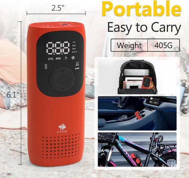 Alt view image 5 of 7 - Z-EDGE ZAI02 Tire Inflator Pump Portable Air Compressor for Car Tires, Rechargeable 2000mAh 150PSI with Pressure Gauge Auto-Off, for Car Bike Motorcycles Balls - Red