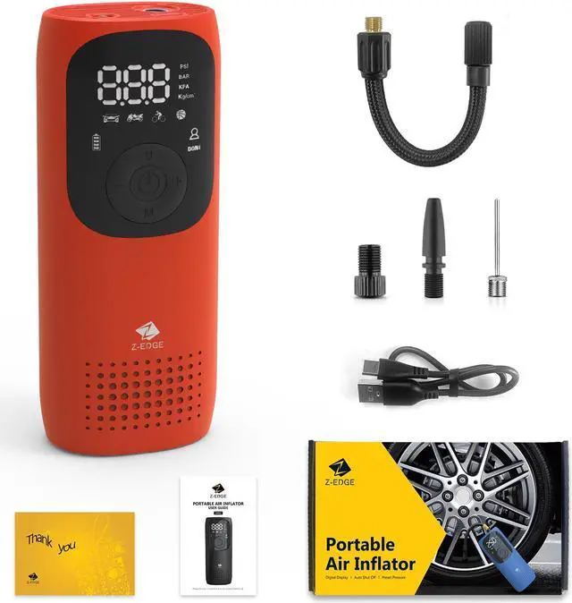Alt view image 7 of 7 - Z-EDGE ZAI02 Tire Inflator Pump Portable Air Compressor for Car Tires, Rechargeable 2000mAh 150PSI with Pressure Gauge Auto-Off, for Car Bike Motorcycles Balls - Red