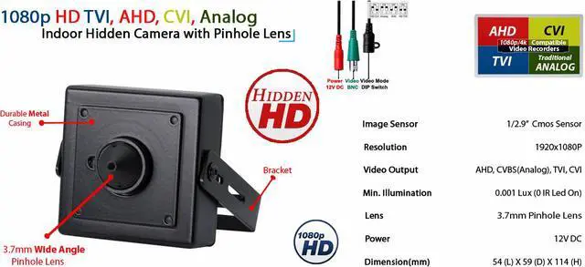 Alt view image 8 of 11 - Evertech 1080p HD 4in1 AHD TVI CVI, ANALOG Indoor Hidden Camera with Pinhole Lens