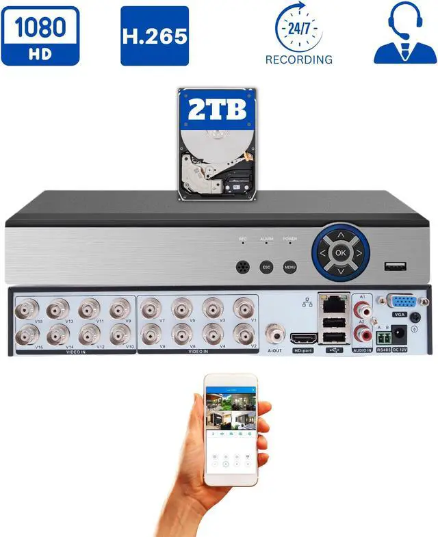 Main image of Evertech 16 Channel H.265 Security DVR with 2TB Hard Drive TVI CVI AHD Analog CCTV Surveillance Camera Digital Video Recorder