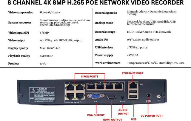 Alt view image 5 of 7 - Evertech 8 Channel 4K 8MP IP PoE Surveillance Security Camera System with H.265 NVR 4TB HDD and 8 Pcs Wide Angle Lens Metal Dome Cameras with Audio