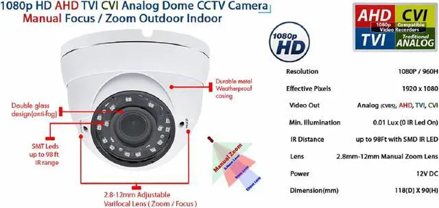 Alt view image 3 of 6 - Evertech 1080P HD Indoor Outdoor AHD TVI CVI and Analog Security Surveillance Dome Camera Adjustable Vari-Focal Lens with Night Vision ( 4 Pack )