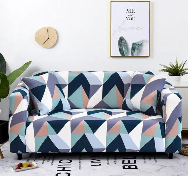 Alt view image 2 of 7 - Anyhouz 2 Seater Sofa Cover Blue White Geometric Style and Protection For Living Room Sofa Chair Elastic Stretchable Slipcover