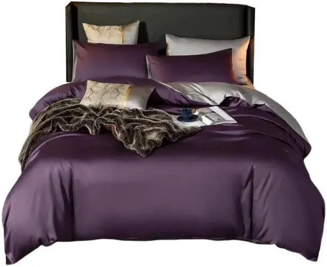 Main image of Anyhouz Bed Sheet Purple Light Grey Ultra Soft Cotton Bedding Cover UK King Size 4 Pcs Bed Set