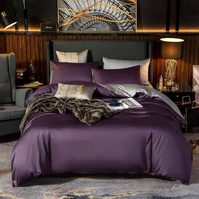 Alt view image 3 of 7 - Anyhouz Bed Sheet Purple Light Grey Ultra Soft Cotton Bedding Cover King Size 6 Pcs Bed Set