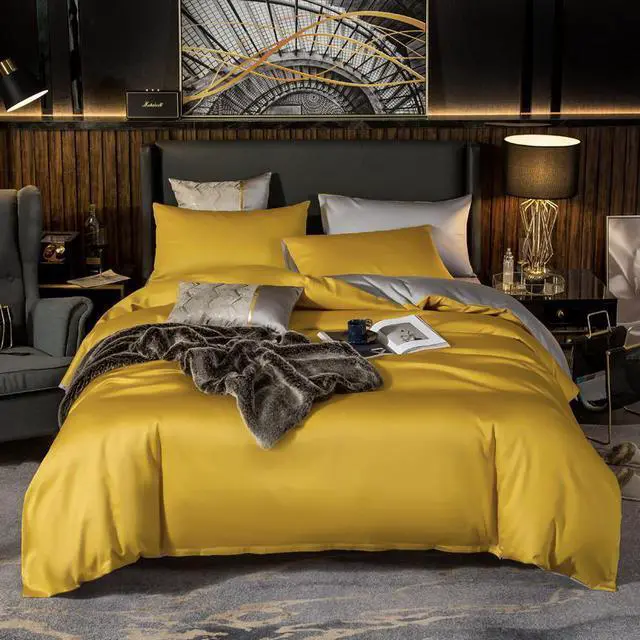 Alt view image 2 of 7 - Anyhouz Duvet Comforter Set Twin Yellow/ Light Grey Cotton Thick Blanket Bedspread 4 Pcs Bed Set