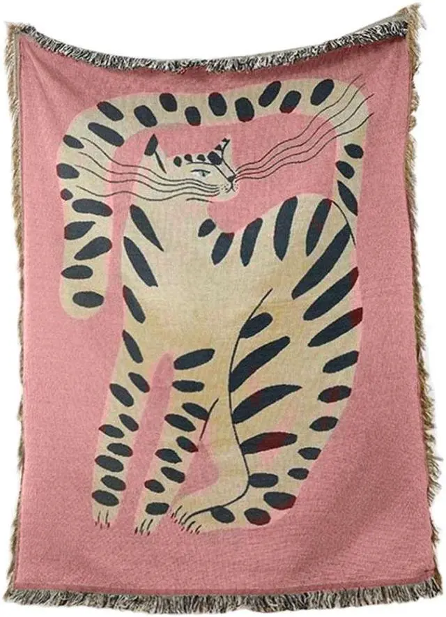Main image of Anyhouz Pink Cat Throw Blanket Cozy Sofa Couch Bed Cover Tapestry with Tassel