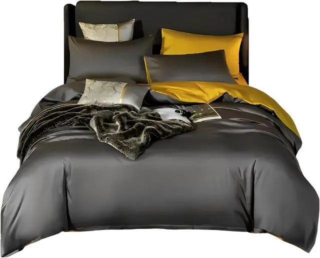 Main image of Anyhouz Duvet Comforter Set Queen Deep Grey/ Yellow Cotton Thick Blanket Bedspread 6 Pcs Bed Set