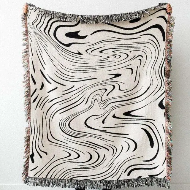 Alt view image 2 of 7 - Anyhouz Throw Blanket Faux Cashmere Sofa Cover Black Water Waves Pattern Tassel130*160cm