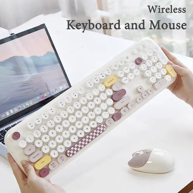 Alt view image 5 of 7 - Anymob Bluetooth Keyboard And Mouse Combo Set Pink Retro Design Wireless Soft Touch Keys
