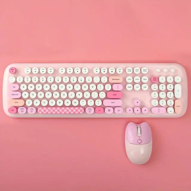Alt view image 3 of 7 - Anymob Bluetooth Keyboard And Mouse Combo Set Pink Retro Design Wireless Soft Touch Keys