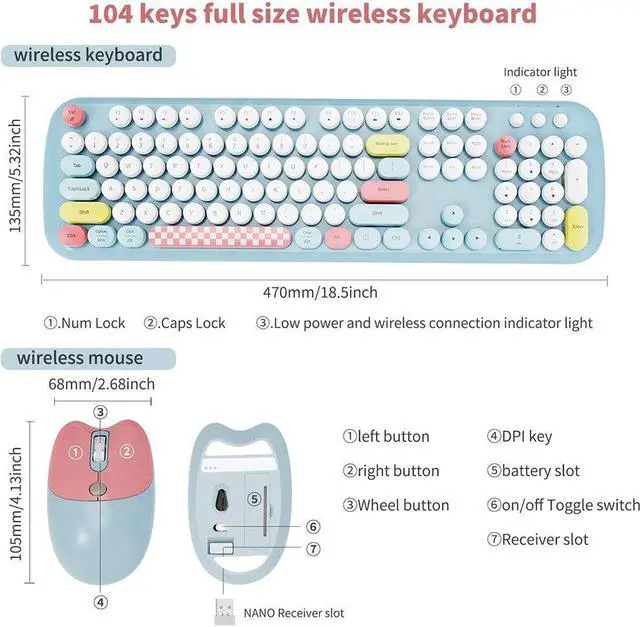 Alt view image 7 of 7 - Anymob Bluetooth Keyboard And Mouse Combo Set Pink Retro Design Wireless Soft Touch Keys