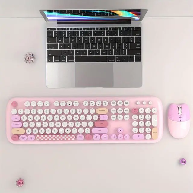 Alt view image 2 of 7 - Anymob Bluetooth Keyboard And Mouse Combo Set Pink Retro Design Wireless Soft Touch Keys