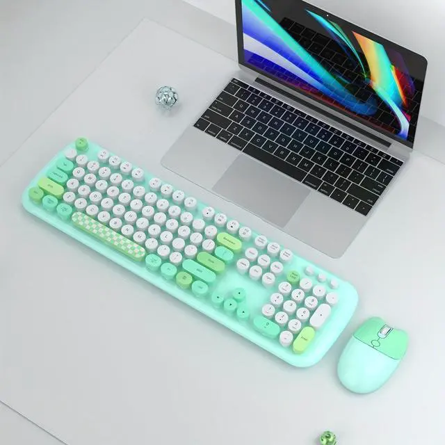 Alt view image 2 of 7 - Anymob Bluetooth Keyboard And Mouse Combo Set Green Retro Design Wireless Soft Touch Keys