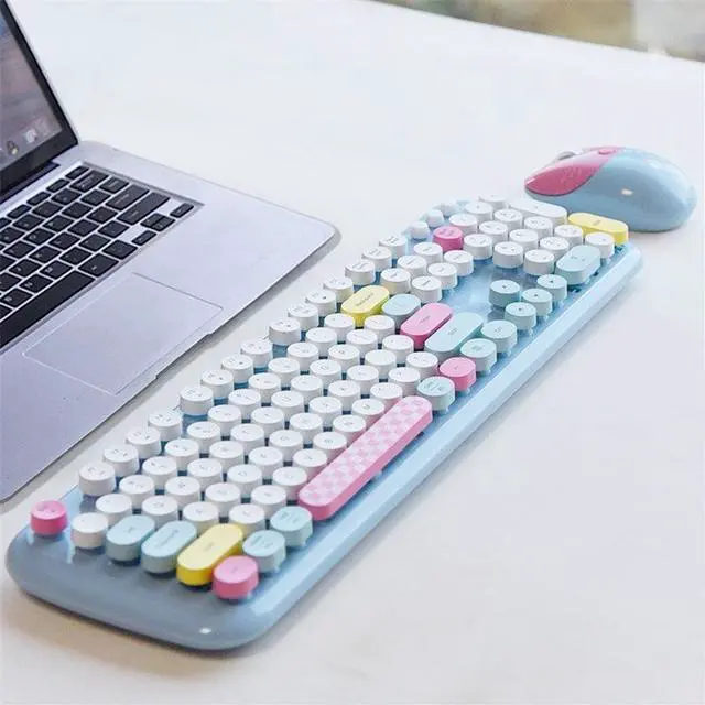 Alt view image 4 of 6 - Anymob Bluetooth Keyboard And Mouse Combo Set Blue Retro Design Wireless Soft Touch Keys