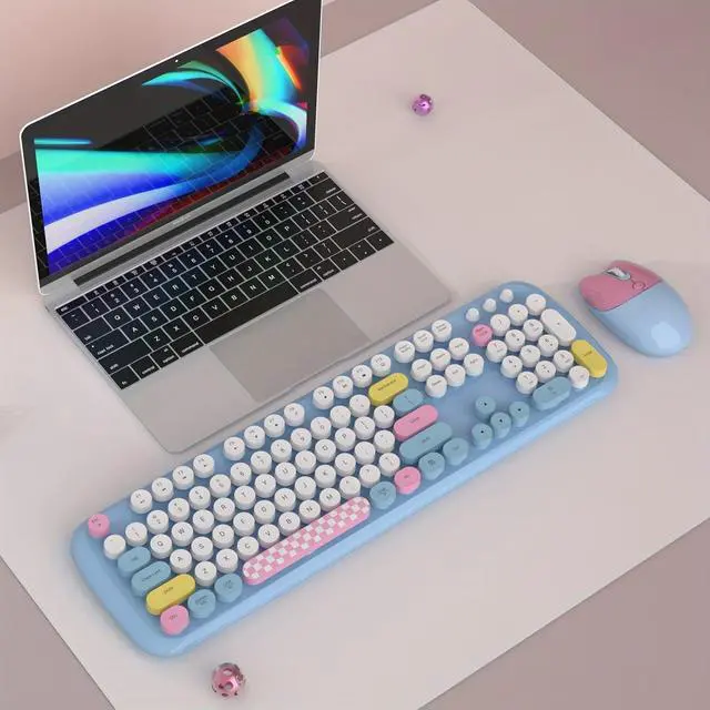 Alt view image 2 of 6 - Anymob Bluetooth Keyboard And Mouse Combo Set Blue Retro Design Wireless Soft Touch Keys