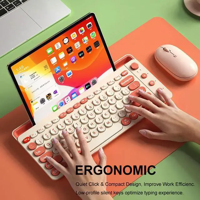 Alt view image 6 of 7 - Anymob Bluetooth Keyboard Green  Mult-Device Wireless Rechargeable Keyboard With Holder