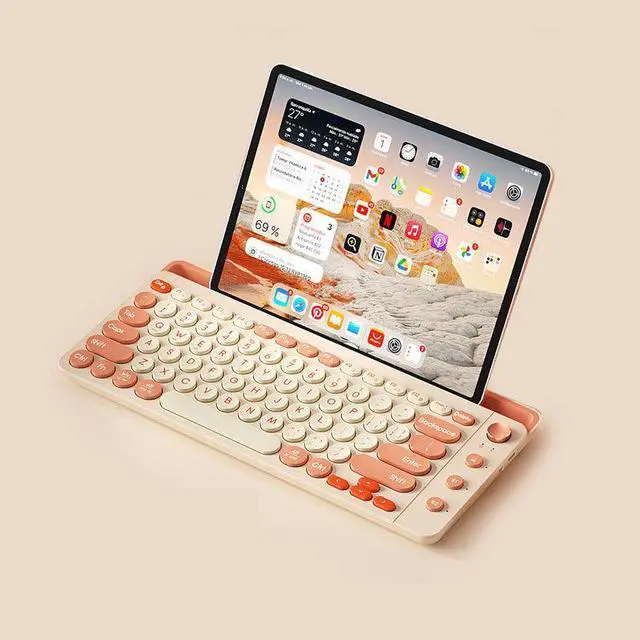 Alt view image 2 of 7 - Anymob Bluetooth Keyboard Pink  Mult-Device Wireless Rechargeable Keyboard With Holder
