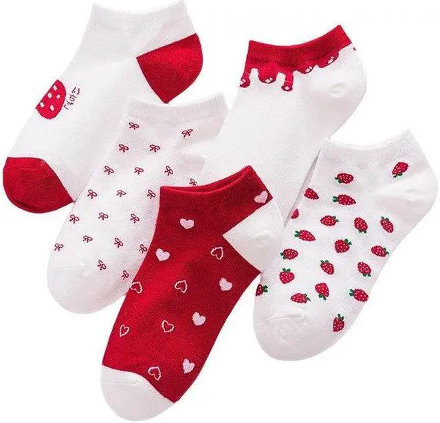 Main image of Anysox 5 Pairs One Size 5-9 Mix Strawberry Liner Cotton And Spandex Socks With Fruit Creative Design for Women
