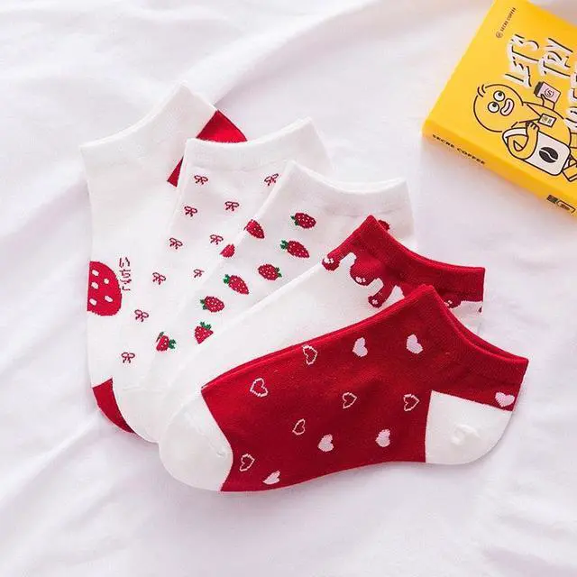 Alt view image 5 of 7 - Anysox 5 Pairs One Size 5-9 Mix Strawberry Liner Cotton And Spandex Socks With Fruit Creative Design for Women