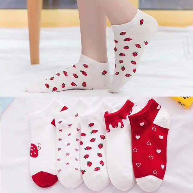 Alt view image 6 of 7 - Anysox 5 Pairs One Size 5-9 Mix Strawberry Liner Cotton And Spandex Socks With Fruit Creative Design for Women