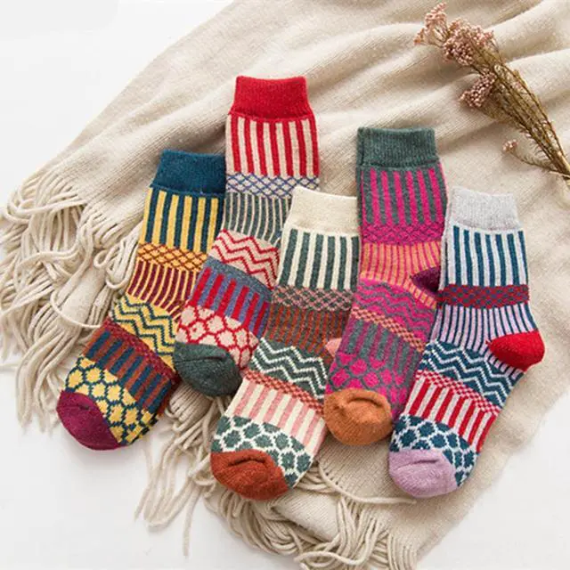 Alt view image 3 of 7 - Anysox 5 Pairs Size 5-9 Fashion Socks Wind-Flowers Cotton Winter Thick Warm Wool Casual for Women White