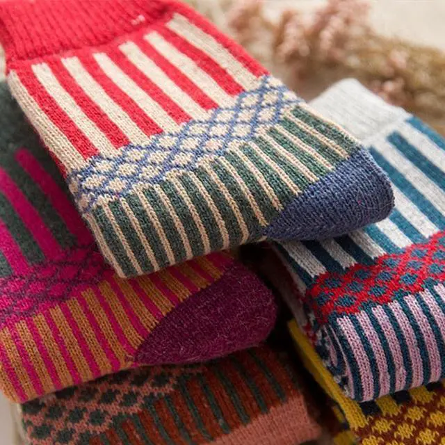Alt view image 4 of 6 - Anysox 5 Pairs One Size 5-9 Multicolor Winter Thick Warm Wool Socks With Colorful Fashionable And Casual Euramerican National Wind-Flowers Sock