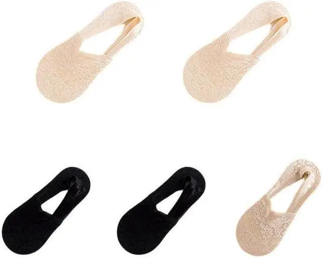 Main image of Anysox 5 Pairs Size 5-9 Fashion Socks Lace Flower Style Breathable Antiskid Invisible Ankle Socks for Women (2 Skin, 2 Black, 1 Khaki)