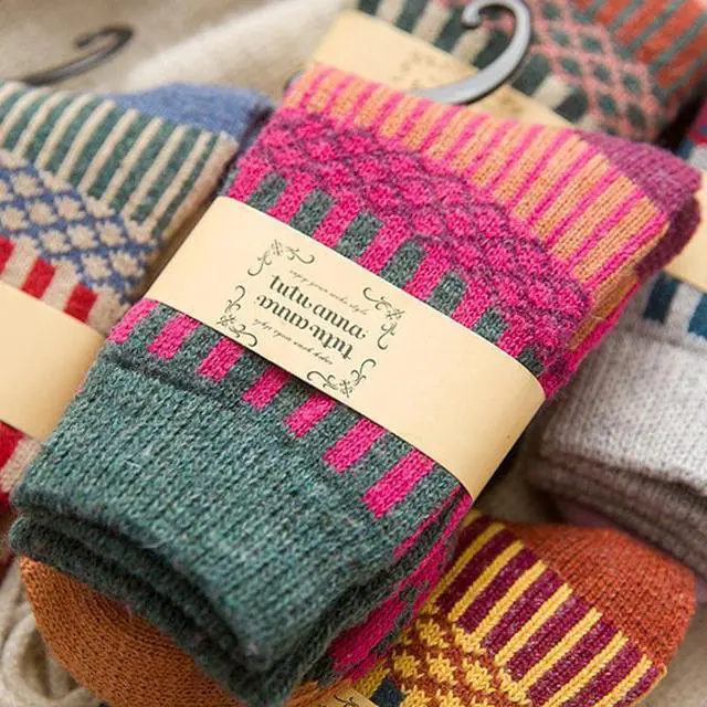 Alt view image 5 of 6 - Anysox 5 Pairs One Size 5-9 Multicolor Winter Thick Warm Wool Socks With Colorful Fashionable And Casual Euramerican National Wind-Flowers Sock