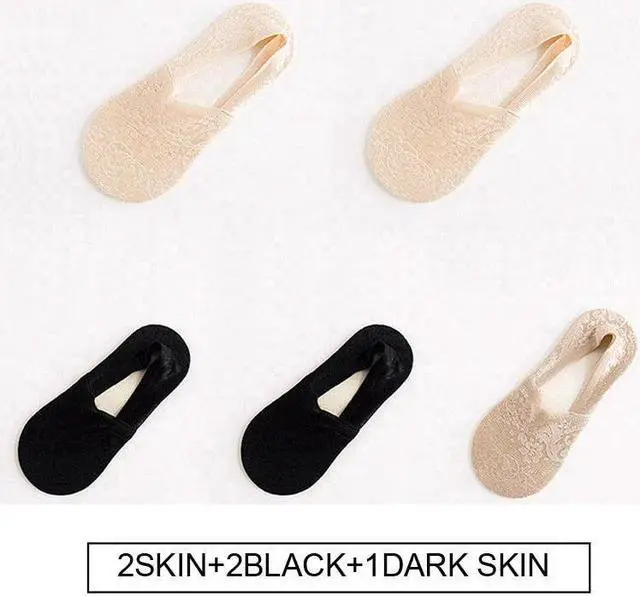 Alt view image 2 of 7 - Anysox 5 Pairs Size 5-9 Fashion Socks Lace Flower Style Breathable Antiskid Invisible Ankle Socks for Women (2 Skin, 2 Black, 1 Khaki)