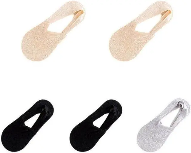 Main image of Anysox 5 Pairs Size 5-9 Fashion Socks Lace Flower Style Breathable Antiskid Invisible Ankle Socks for Women (2 Skin, 2 Black, 1 Grey)