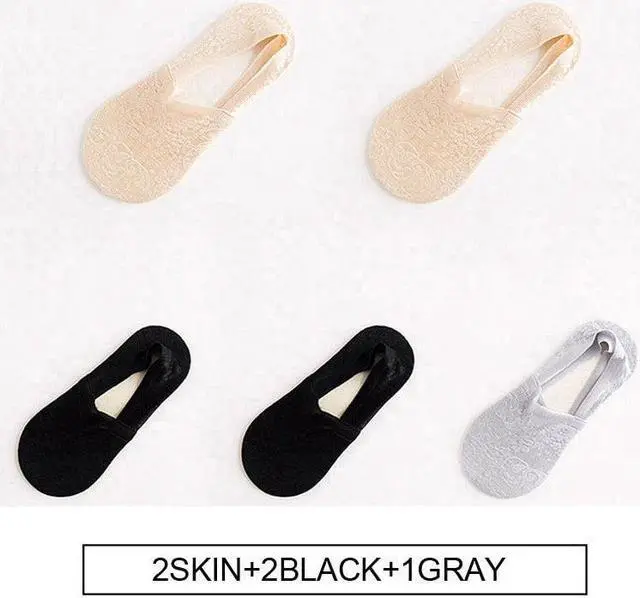 Alt view image 2 of 7 - Anysox 5 Pairs Size 5-9 Fashion Socks Lace Flower Style Breathable Antiskid Invisible Ankle Socks for Women (2 Skin, 2 Black, 1 Grey)