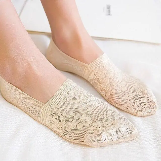 Alt view image 3 of 7 - Anysox 5 Pairs Size 5-9 Fashion Socks Lace Flower Style Breathable Antiskid Invisible Ankle Socks for Women (2 Beige, 3 Black)