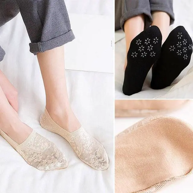 Alt view image 7 of 7 - Anysox 5 Pairs Size 5-9 Fashion Socks Lace Flower Style Breathable Antiskid Invisible Ankle Socks for Women (2 Beige, 3 Black)