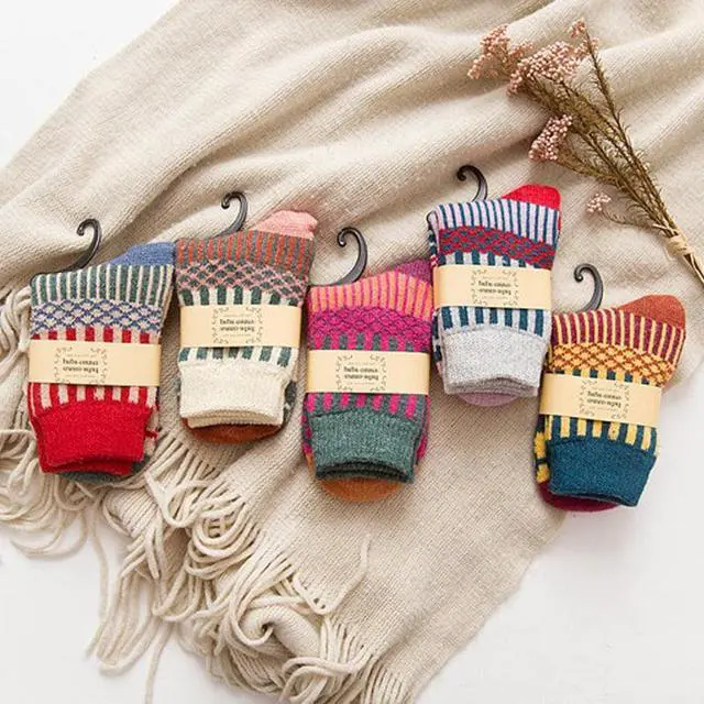 Alt view image 6 of 6 - Anysox 5 Pairs One Size 5-9 Multicolor Winter Thick Warm Wool Socks With Colorful Fashionable And Casual Euramerican National Wind-Flowers Sock