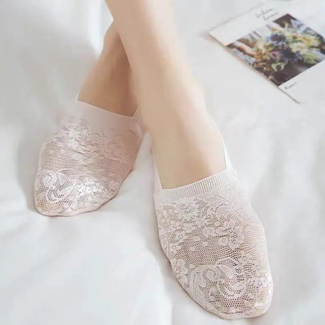 Alt view image 5 of 7 - Anysox 5 Pairs Size 5-9 Fashion Socks Lace Flower Style Breathable Antiskid Invisible Ankle Socks for Women (2 Skin, 2 Black, 1 Khaki)