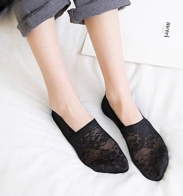 Alt view image 4 of 7 - Anysox 5 Pairs Size 5-9 Fashion Socks Lace Flower Style Breathable Antiskid Invisible Ankle Socks for Women (2 Skin, 2 Black, 1 Khaki)