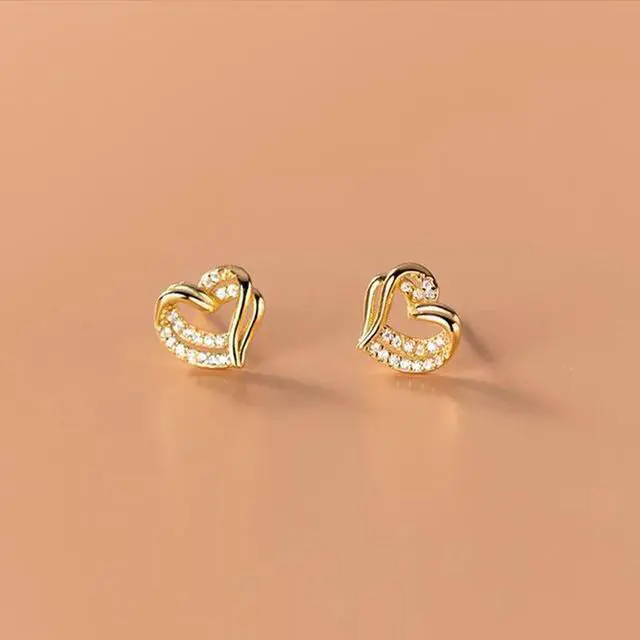Alt view image 2 of 6 - Anyco Fashion Earrings Gold 925 Sterling Hollow Double Love Heart Stud for Women Romantic Wedding Girlfriend Jewelry Gift