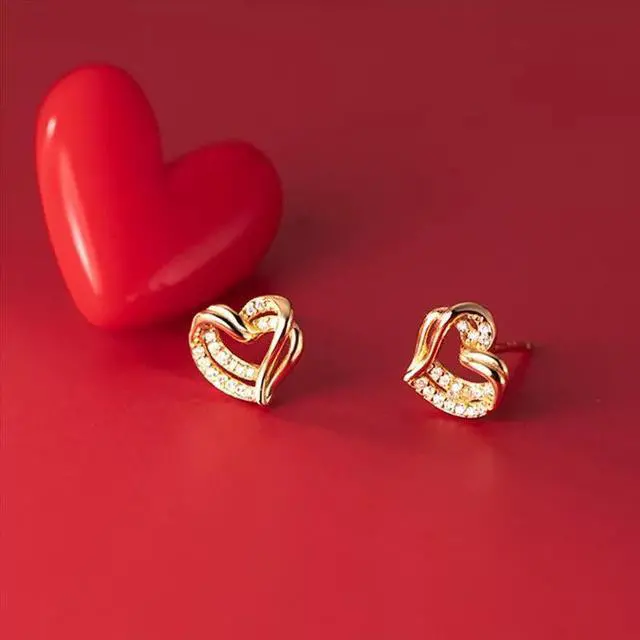 Alt view image 4 of 6 - Anyco Fashion Earrings Gold 925 Sterling Hollow Double Love Heart Stud for Women Romantic Wedding Girlfriend Jewelry Gift