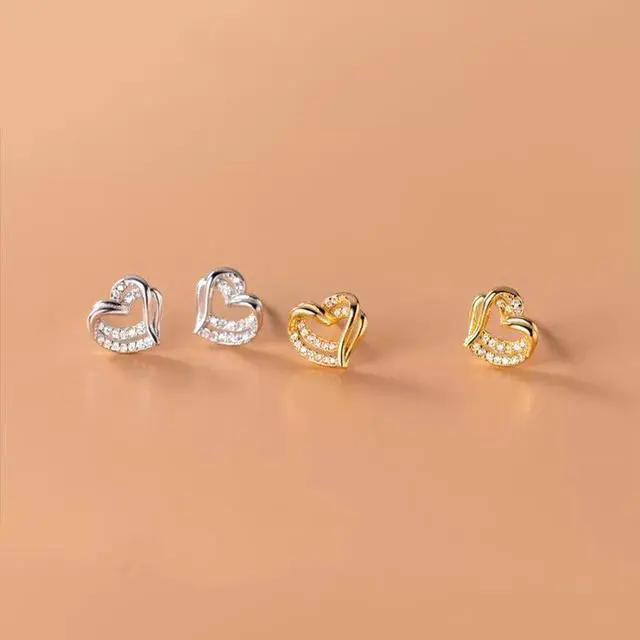 Alt view image 5 of 6 - Anyco Fashion Earrings Gold 925 Sterling Hollow Double Love Heart Stud for Women Romantic Wedding Girlfriend Jewelry Gift