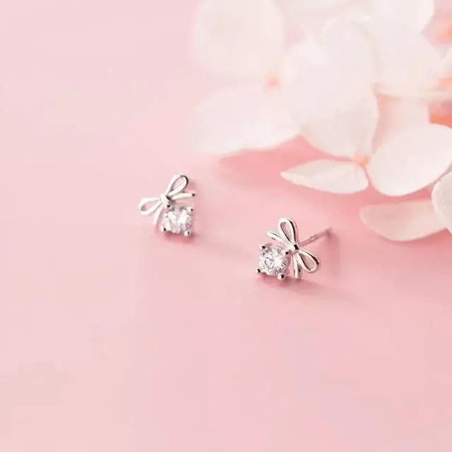 Alt view image 2 of 6 - Anyco Fashion Earrings Silver 925 Sterling Bowknot Crystal Zircon Small Stud Jewelry