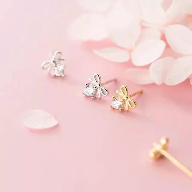 Alt view image 3 of 6 - Anyco Fashion Earrings Silver 925 Sterling Bowknot Crystal Zircon Small Stud Jewelry