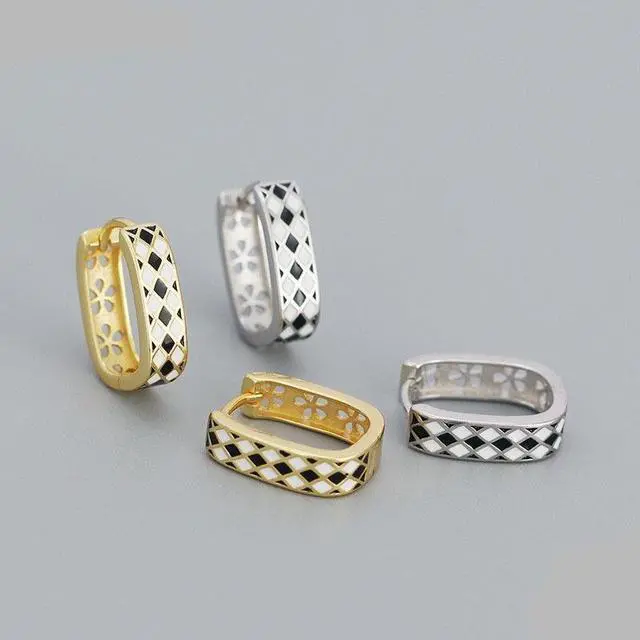 Alt view image 4 of 6 - Anyco Hoop Fashion Earrings Checkerboard Enamel Ear Buckle Jewelry Gold