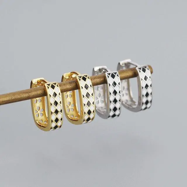 Alt view image 5 of 6 - Anyco Hoop Fashion Earrings Checkerboard Enamel Ear Buckle Jewelry Gold