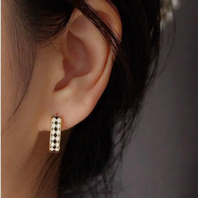 Alt view image 3 of 6 - Anyco Hoop Fashion Earrings Checkerboard Enamel Ear Buckle Jewelry Gold