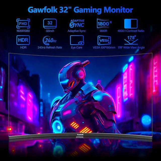 Alt view image 2 of 7 - Gawfolk , GF320C , 32-inch Curved Gaming Monitor, 240Hz, 1800R PC Monitor, Full HD 1080P, Frameless Computer Monitor with Freesync and Eye Protection Technology, Wall Mountable Compatible with Xbox/PS