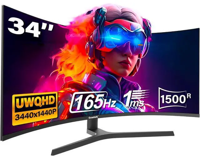 Alt view image 4 of 4 - Gawfolk 34 Inch IPS PC Screen, 4K 165Hz Gaming Monitor,3440*1440  1500R 1ms  1 FreeSync, 100% SRGB, 178° Wide Viewing Angle, HDTV2.1 DisplayPort, Wall Mount Compatible 75 * 75MM Wall - Black