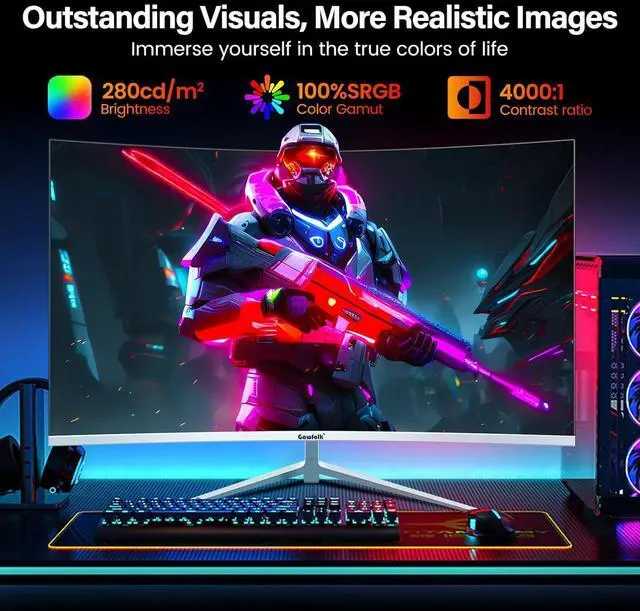 Alt view image 6 of 7 - Gawfolk - GF270H 27-inch Monitor Screen 100HZ Built-in Speakers FHD 1080P Below Bezel Computer Monitor, VA , SRGB 100%, VGA, HDMI, Eye Protection, Compatible with Wall Mounting Curvature 1800R White